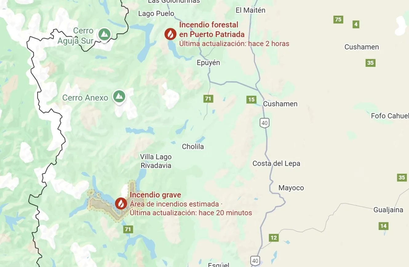 Estado de situación de los incendios en Chubut. Crédito: Google Maps