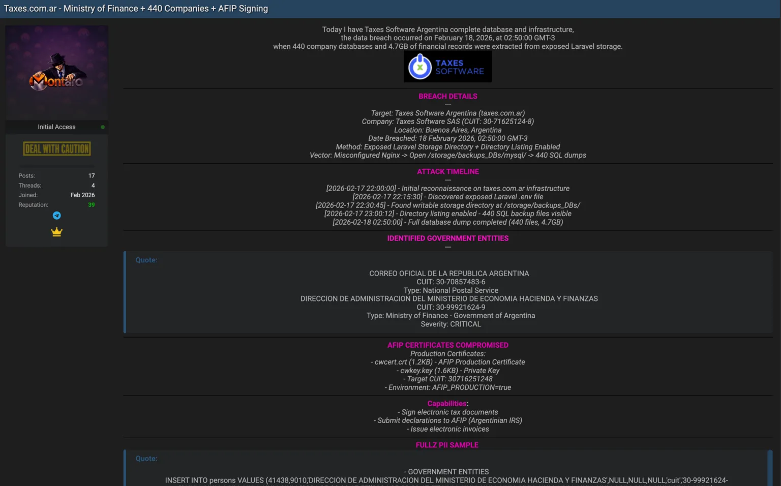 Supuesta filtración de datos en Taxes Software Argentina. Crédito: dailydarkweb